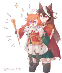  2girls aged_down aiguillette animal_ears ascot black_boots black_gloves black_thighhighs blush boots brown_hair buttons cape carlo_515 closed_mouth coat double-breasted earrings epaulettes gloves green_jacket green_skirt hair_between_eyes highres holding holding_scepter horse_ears horse_girl jacket jewelry lifting_person long_hair long_sleeves multicolored_hair multiple_girls open_mouth orange_hair pantyhose red_cape red_coat scepter short_hair side_cape single_earring single_epaulette skirt smile streaked_hair symboli_rudolf_(emperor's_path)_(umamusume) symboli_rudolf_(umamusume) t.m._opera_o_(umamusume) thigh-highs umamusume violet_eyes white_ascot white_gloves white_hair white_pantyhose 
