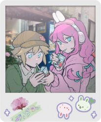  1boy 1girl animal_ear_headphones animal_ears aubrey_(birthday)_(omori) aubrey_(faraway)_(omori) aubrey_(omori) basil_(birthday)_(omori) basil_(faraway)_(omori) basil_(omori) blonde_hair blue_eyes blue_ribbon braid brown_hat cardigan collared_shirt commentary double-parted_bangs drink_carton emily_shaw english_commentary fake_animal_ears green_cardigan hair_between_eyes hair_ribbon hat headphones highres juice_box long_sleeves low_twin_braids newsboy_cap official_alternate_costume omori open_cardigan open_clothes photo_background pink_cardigan pink_hair rabbit_ear_headphones rabbit_ears ribbon shirt short_hair sidelocks twin_braids white_shirt 