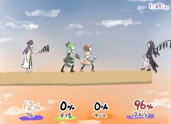 4girls akemi_homura akuma_homura black_hair blonde_hair bow commentary_request dress evening glasses gloves green_hair highres long_hair magical_girl mahou_shoujo_madoka_magica mahou_shoujo_madoka_magica:_walpurgis_no_kaiten multiple_girls orange_hair parody python_octopus scene_reference selema_terez shi_choka skirt super_smash_bros. twintails wasu_(madoka_magica) wings