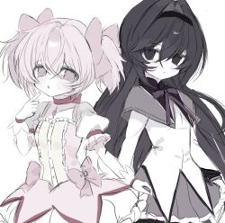 2girls :< akemi_homura akemi_homura_(magical_girl) black_eyes black_hair black_hairband black_trim bow bubble_skirt choker collarbone colored_skin commentary cowboy_shot dot_nose double-parted_bangs dress gloves grey_skirt hair_between_eyes hair_bow hair_intakes hairband highres kaname_madoka kaname_madoka_(magical_girl) kitty_17a light_blush long_hair long_sleeves looking_at_another magical_girl mahou_shoujo_madoka_magica mahou_shoujo_madoka_magica_(anime) multicolored_dress multiple_girls neck_ribbon no_nose open_mouth pantyhose pink_bow pink_choker pink_eyes pink_hair pink_trim pleated_skirt pointing_at_mouth puffy_sleeves purple_ribbon raised_inner_eyebrows ribbon shirt short_hair short_sleeves short_twintails simple_background sketch skirt soul_gem_(madoka_magica) twintails very_long_hair white_background white_gloves white_shirt white_skin yellow_dress