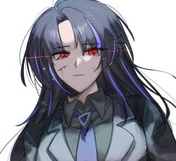  1girl black_hair blood blood_on_face blue_necktie blue_streaks closed_mouth commentary_request crying grey_shirt grey_suit highres limbus_company long_hair looking_at_viewer multicolored_hair necktie pinky_(identity)_(project_moon) project_moon red_eyes ryoshu_(project_moon) scar shirt simple_background streaked_hair suit tearing_up tie_clip un_113 white_background 
