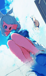  1girl :d arona_(blue_archive) blue_archive blue_bow blue_eyes blue_hairband blue_halo blue_pupils blue_shirt bow bow_hairband brown_pupils clouds commentary_request day desk dot_nose elbow_rest elbows_on_knees from_below full_body hair_bow hair_over_one_eye hairband halo head_on_hands head_rest highres homusuki knees_together_feet_apart light_blush long_sleeves looking_at_viewer looking_down mismatched_pupils multi-source_commentary open_mouth parted_bangs pov pov_legs reflection reflection_focus reflective_liquid school_desk shirt shoes short_hair skirt smile snail solo squatting tareme water white_shirt white_skirt 