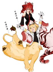  2girls a.i._voice adachi_rei animal_ears arms_up black_shirt centauroid chinese_commentary chinese_text commentary_request detached_sleeves drill_hair highres jacket kasane_teto kasane_teto_(utau) lion_ears lion_girl looking_at_another lying lying_on_person monster_girl monsterification multiple_girls on_back red_eyes red_hair shirt simple_background sleeveless sleeveless_shirt taur tiger_ears tiger_girl translation_request twin_drills utau white_background white_jacket yi_xing_luren 