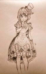  1girl :> blush bow character_request closed_mouth club_(shape) collarbone copyright_request cowboy_shot diamond_(shape) dress eyelashes greyscale hat heart heart-shaped_pupils hw602mgcm monochrome puffy_short_sleeves puffy_sleeves short_hair short_sleeves simple_background smile solo spade_(shape) striped_clothes striped_dress symbol-shaped_pupils top_hat traditional_media vertical-striped_clothes vertical-striped_dress white_background 