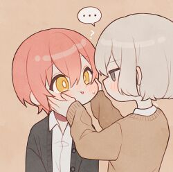  ... 1boy 1girl ? black_cardigan blush brown_background brown_cardigan cardigan collared_shirt commentary_request eye_contact hands_on_another's_cheeks hands_on_another's_face hn_(168x165_jj) jack_jeanne looking_at_another open_cardigan open_clothes open_collar pink_hair shirota_mitsuki shirt short_hair simple_background spoken_ellipsis sweatdrop tachibana_kisa upper_body white_shirt 