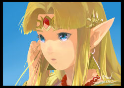  1girl assemblerones bead_necklace beads black_border blonde_hair blue_eyes border commentary_request eyelashes jewelry long_hair necklace parted_lips pointy_ears portrait princess_zelda sidelocks signature solo the_legend_of_zelda triforce tucking_hair 