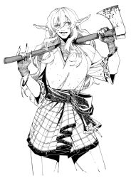  1girl absurdres axe blood blood_on_clothes blood_on_weapon commentary cropped_legs greyscale grin harris_hero highres holding holding_axe holding_weapon horizontal_pupils ish_the_tyrant long_hair looking_to_the_side monochrome original pointy_ears shirt skirt smile weapon 