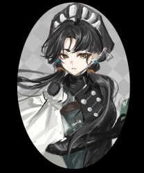  1girl argyle_background beret black_dress black_gloves black_hat cape chinese_commentary chinstrap commentary_request dress gloves grey_background hat highres jingshen_kongji liang_yue_(reverse:1999) long_hair looking_at_viewer low_twintails oval_border parted_lips police police_uniform policewoman reverse:1999 side_cape solo twintails upper_body white_cape yellow_eyes 
