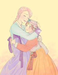  2girls ^_^ braid character_request chinese_new_year closed_eyes commentary_request hand_on_another's_back hand_on_another's_headwear hat height_difference highres hug korean_commentary let_ink multiple_girls orange_eyes orange_hanbok pink_hair pink_lips purple_hanbok purple_hat re-blooming red_hair smile yellow_background yuri 