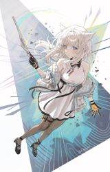  1girl arknights arknights:_endfield bare_shoulders bird_girl black_gloves black_pantyhose closed_mouth commentary eonyan_(chaeyang) gloves high_heels highres light_smile looking_at_viewer multicolored_gloves pantyhose perlica_(arknights) solo thighs two-tone_gloves yellow_gloves 