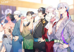  6+boys bath_yukata black_hair black_hands black_kimono blue_kimono bottle charlemagne_(fate) chocolate_milk closed_eyes coffee_milk colored_extremities commentary drinking drunk eyeshadow eyeshadow_under_eye fate/grand_order fate_(series) genderswap genderswap_(ftm) glasses grey_hair grey_kimono hair_ribbon hand_on_own_hip highres holding holding_bottle japanese_clothes kama_(adult)_(fate) kama_(fate) kama_(male)_(fate) karna_(fate) kimono long_hair low_ponytail makeup milk milk_bottle multicolored_hair multiple_boys official_alternate_costume official_artist_extra okada_izou_(fate) pale_skin ponytail print_kimono purple_kimono recursive_genderswap red_kimono red_ribbon redrop ribbon saitou_hajime_(fate) starry_hair strawberry_milk streaked_hair sweat tokkuri topless_male two-tone_hair watermark white_hair yamanami_keisuke_(fate) yukata 