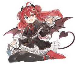  1girl :d ahoge black_capelet black_dress black_horns blue_eyes capelet commentary_request crescent crescent_hair_ornament demon_girl demon_horns demon_tail demon_wings dot_nose dress fang frills hair_ornament heterochromia horns konabetate long_hair long_sleeves nijisanji open_mouth red_eyes red_hair red_shoes shoes simple_background sitting skin_fang smile tail two_side_up virtual_youtuber wariza white_background wings yuzuki_roa yuzuki_roa_(1st_costume) 