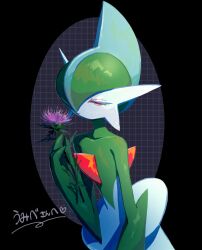  1other arm_blade black_border border colored_skin commentary facing_to_the_side flower gallade gift_art green_hair green_skin hair_over_one_eye half-closed_eyes high_contrast highres holding holding_flower looking_at_flowers looking_at_hand mohawk pokemon pokemon_(creature) pokemon_focus purple_background purple_flower red_eyes ringringbell2001 signature smelling smelling_flower weapon white_skin wide_hips 