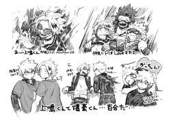  3boys :d ^_^ against_wall arm_rest bakugou_katsuki bare_shoulders belt boku_no_hero_academia character_name closed_eyes closed_mouth collage collar collarbone collared_jacket collared_shirt commentary_request crew_neck cropped_legs cropped_torso curtained_hair detached_sleeves dkyoudai dripping_eye driving electricity english_text eye_mask eyes_visible_through_eyewear eyewear_on_head facing_another facing_to_the_side floating_hair greyscale grimace hand_on_another's_shoulder hands_up hatching_(texture) head_tilt jacket kaminari_denki kirishima_eijiro leaning_forward letter_print linear_hatching long_sleeves looking_at_viewer looking_down looking_to_the_side male_focus mask mixed-language_text monochrome motion_lines multicolored_hair multiple_boys multiple_views no_pupils no_shirt open_collar open_mouth parted_bangs parted_lips partial_commentary print_shirt sanpaku scene_reference screentones semi-rimless_eyewear sharp_teeth shirt short_eyebrows short_hair simple_background sitting smile speech_bubble speed_lines spiky_hair spoilers steering_wheel streaked_hair t-shirt talking tank_top teeth text_focus translation_request tsurime turning_head under-rim_eyewear undershirt v-neck v-shaped_eyebrows white_background wing_collar 