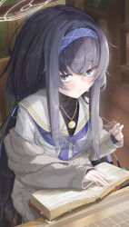  1girl absurdres amashirofumi black_hair black_shirt blue_archive blue_hairband blue_neckerchief book brown_cardigan cardigan commentary gold_necklace hair_between_eyes hairband halo highres holding holding_book holding_removed_eyewear jewelry long_hair looking_at_viewer low-tied_long_hair neckerchief necklace round_eyewear shirt solo turtleneck turtleneck_shirt ui_(blue_archive) unworn_eyewear violet_eyes white_halo white_shirt 