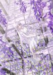  1girl barefoot dress flower highres long_hair original purple_flower short_sleeves solo tngn96 very_long_hair white_dress white_hair yellow_eyes 