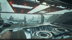  3d absurdres artist_name aurora autodesk_3ds_max_(medium) building camouflage commentary copyright_name email_address english_commentary english_text eve:_valkyrie eve_online fog glowing highres medium_name minmatar_republic_(eve_online) neil_gowland no_humans official_art outdoors radio_antenna realistic rock scenery science_fiction sky snow star_(sky) starry_sky unreal_engine_(medium) web_address zbrush_(medium) 