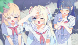  3girls blonde_hair blue_hair blush bottle breast_pocket breasts chromatic_aberration collarbone commentary_request dappled_sunlight dress gradient_hair hair_ornament half_updo hasu_no_sanrenka hasu_no_sora_school_uniform highres hinoshita_kaho holding holding_bottle hot long_hair love_live! love_live!_hasu_no_sora_jogakuin_school_idol_club medium_breasts medium_hair multicolored_hair multiple_girls murano_sayaka neckerchief open_mouth orange_hair osawa_rurino outdoors plastic_bottle pocket puffy_short_sleeves puffy_sleeves rabbit_hair_ornament red_neckerchief reitou_mkn sailor_collar sailor_dress school_uniform shading_eyes short_sleeves summer_uniform sunlight two_side_up virtual_youtuber water_bottle white_dress white_sailor_collar 