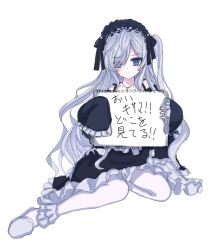  1girl bare_shoulders black_ribbon blue_dress blue_hairband bow closed_mouth commentary_request crescent crescent_necklace darkness4zombie dress dress_bow frilled_dress frilled_hairband frilled_sleeves frills full_body gothic_lolita hair_over_one_eye hair_ribbon hairband highres holding holding_sketchbook jewelry lolita_fashion lolita_hairband long_hair long_sleeves looking_at_viewer mahou_shoujo_no_majo_saiban natsume_an-an necklace off-shoulder_dress off_shoulder pantyhose ribbon see-through_hair simple_background sitting sketchbook sleeves_past_fingers sleeves_past_wrists slippers socks solo translation_request violet_eyes white_background white_hair white_pantyhose white_slippers white_socks wide_sleeves yokozuwari 