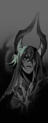  1boy absurdres bleach bleach:_brave_souls commentary crossed_bangs demon_boy demon_horns english_commentary facial_mark greyscale highres horns long_hair looking_at_viewer monochrome parted_lips portrait shirosan_4 slit_pupils solo ulquiorra_cifer 