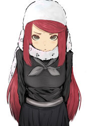  1girl absurdres ban_airi black_shirt bow bowtie commentary_request cowboy_shot devil_survivor_(series) devil_survivor_2 from_above grey_bow grey_bowtie hat highres kaisa_wtp long_hair long_sleeves looking_at_viewer musical_note musical_note_print pleated_skirt red_hair scarf shirt simple_background skirt solo white_background white_hat white_scarf 