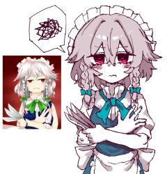  1girl apron back_bow blue_bow blue_dress blush bow braid closed_mouth dress embodiment_of_scarlet_devil embodiment_of_scarlet_devil_new_classic grey_hair hair_between_eyes hair_bow holding holding_knife izayoi_sakuya knife long_hair looking_at_viewer maid maid_headdress official_art_inset pinafore_dress puffy_short_sleeves puffy_sleeves rampa93 red_eyes shirt short_sleeves simple_background sleeveless sleeveless_dress solo touhou twin_braids waist_apron wavy_mouth white_apron white_background white_bow white_shirt 