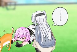  2girls :3 black_gloves black_headband black_skirt cat cat_stretch commentary_request feral_instincts from_behind fuyutsuki_(kancolle) fuyutsuki_(rainy_season)_(kancolle) gloves grey_hair grey_jacket hair_ornament headband highres jacket kantai_collection long_hair long_skirt long_sleeves multiple_girls pink_hair pleated_skirt school_uniform serafuku shirt short_hair short_sleeves shouhou-san_daisuki_teitoku skirt squatting stretching tama_(kancolle) tama_kai_ni_(kancolle) white_shirt white_skirt 