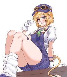 1girl blonde_hair blue_hat blue_overalls blush closed_mouth commentary dooby dooby_(1st_costume) english_commentary gloves goggles goggles_on_headwear green_eyes green_neckerchief hairband hat indie_virtual_youtuber mouse_girl mouse_tail multicolored_hair neckerchief overalls peaked_cap pennylessmac potato shirt short_hair smile socks solo star_(symbol) steam streaked_hair tail thighs v virtual_youtuber whistle white_gloves white_shirt white_socks 