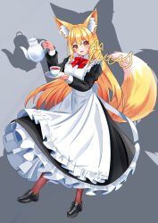  1girl absurdres animal_ear_fluff animal_ears apron black_dress black_pantyhose black_shoes blonde_hair blush bow bowtie breasts commentary_request cup dress fox_ears fox_girl fox_tail frilled_apron frills full_body gradient_hair grey_background hair_between_eyes high_heels highres holding holding_saucer holding_teapot juliet_sleeves long_hair long_sleeves looking_at_viewer maid multicolored_hair open_mouth orange_hair original pantyhose puffy_sleeves red_bow red_bowtie red_eyes saucer shadow shoes simple_background solo standing tail teacup teapot uma_(uma_mohumohu) very_long_hair white_apron 
