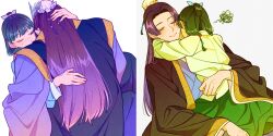  1boy 1girl absurdres black_jacket blue_eyes blue_hanfu bun_cover chinese_clothes closed_eyes closed_mouth commentary_request forehead green_hair green_skirt hair_bun hanfu highres hug jacket jinshi_(kusuriya_no_hitorigoto) korean_commentary kusuriya_no_hitorigoto long_hair looking_at_another maomao_(kusuriya_no_hitorigoto) one_eye_closed purple_hair ryeongrry11 shirt skirt smile twintails very_long_hair yellow_shirt 