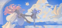  2girls absurdres arknights bird black_halo blue_sky boots clouds halo highres lemuen_(arknights) marcer mostima_(arknights) multiple_girls pillar pink_hair pink_halo reflection sky wheelchair 