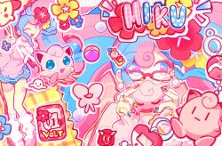  absurdres bandaid blue_flower bull_sprite_(pokemon) cardigan character_charm character_doll character_name charm_(object) choker clefairy clefairy_sprite_(pokemon) collared_sweater doll dream_ball english_commentary fairy_miku_(project_voltage) flower glasses hatsune_miku heart heart-shaped_bandaid heart_choker highres igglybuff jigglypuff loose_socks multicolored_eyes multicolored_nails one_eye_closed pink-framed_eyewear pink_cardigan pink_choker pink_shoes pink_sweater pink_theme poke_ball poke_ball_(basic) poke_doll pokemon pokemon_(creature) pokewalker project_voltage red_flower shoes socks sticker_on_leg sweater tsuukiiii_(tsukiiidraws) two-tone_eyes v virtual_pet_(toy) vocaloid yellow_flower 