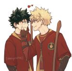  2boys abbys4198 alternate_costume artist_name bakugou_katsuki blonde_hair blush boku_no_hero_academia brown_gloves closed_mouth commentary crossover english_commentary eye_contact freckles gloves green_eyes green_hair gryffindor harry_potter_(series) highres looking_at_another male_focus midoriya_izuku multiple_boys red_eyes short_hair simple_background smile spiky_hair upper_body white_background wizarding_world 