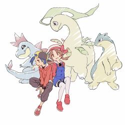  1boy 1girl backwards_hat bayleef blue_overalls bow brown_eyes brown_hair closed_mouth commentary croconaw ethan_(pokemon) grin hat hat_bow highres jacket long_sleeves lyra_(pokemon) overalls pants pokemon pokemon_(creature) pokemon_heartgold_and_soulsilver quilava red_jacket red_shoes shirt shoes short_hair simple_background sitting smile tan_carbonnn thigh-highs twintails white_background white_hat 