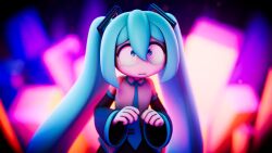  1girl 3d aqua_eyes aqua_hair aqua_necktie aqua_trim bare_shoulders black_skirt black_sleeves blender_(medium) blurry blurry_background collared_shirt commentary constricted_pupils detached_sleeves grey_shirt hair_between_eyes hatsune_miku highres light_particles long_hair necktie parted_lips shirt skirt solo sonnick3d tie_clip twintails untranslatable_commentary upper_body very_long_hair vocaloid wide-eyed 
