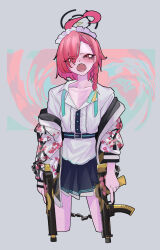  1girl absurdres ahoge black_halo black_skirt blue_archive braid cherry_blossom_print commentary cowboy_shot cropped_legs dual_wielding floral_print grey_background gun halo highres holding holding_gun holding_weapon huge_ahoge jacket long_sleeves looking_at_viewer maid_headdress neru_(blue_archive) open_clothes open_jacket open_mouth pappi pleated_skirt red_eyes sharp_teeth shirt short_hair single_braid skirt solo teeth weapon white_jacket white_shirt 