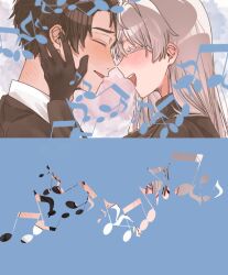  1boy 1girl :d angelica_(project_moon) beamed_eighth_notes black_gloves black_hair black_jacket black_sweater blush closed_eyes colored_eyelashes commentary_request eighth_note forehead-to-forehead gloves hand_on_another's_face heads_together highres husband_and_wife jacket library_of_ruina long_hair long_sleeves musical_note noses_touching open_mouth parted_lips project_moon q38jkwbeuo7116 roland_(project_moon) shirt smile sweater turtleneck turtleneck_sweater white_hair white_shirt 