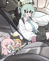  3girls ahoge blue_archive bottle breasts car_interior commentary derivative_work english_commentary grey_hair halo highres hoshino_(blue_archive) large_breasts mari_(blue_archive) milk_bottle monster_energy multiple_girls necktie orange_hair pacifier pink_hair size_difference sunglasses tuna_(tuna2_5) yume_(blue_archive) 