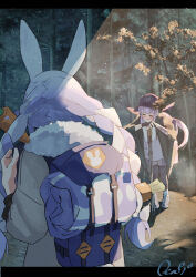  2girls animal_ears backpack bag baseball_cap black_hat black_pantyhose blue_hair braid braided_twintails coat commentary_request green_coat grey_shorts hat highres hololive letterboxed light_particles long_hair minato_aqua multicolored_hair multiple_girls open_clothes open_coat outdoors pantyhose pantyhose_under_shorts rabbit_ears rabbit_girl reitou_mkn shorts streaked_hair usada_pekora virtual_youtuber white_streaks 