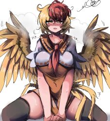  1girl :d absurdres arms_between_legs bird_wings black_thighhighs blonde_hair blush breasts commentary_request covered_navel dress eye20806972 half-closed_eyes highres large_breasts looking_at_viewer multicolored_hair niwatari_kutaka open_mouth orange_dress red_hair short_hair short_sleeves simple_background sitting smile solo squiggle thigh-highs touhou two-tone_hair white_background wings yellow_eyes yellow_wings 