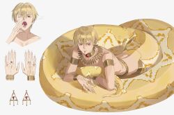  1boy absurdres armlet blonde_hair choker earrings fate/grand_order fate_(series) forked_tongue gilgamesh_(fate) head_chain highres jewelry lamia_boy looking_at_viewer lying male_focus monster_boy monsterification multiple_views necklace nud red_eyes ring scales short_hair simple_background smile snake_boy solo tongue tongue_out white_background yellow_scales yidajiyidajiz 
