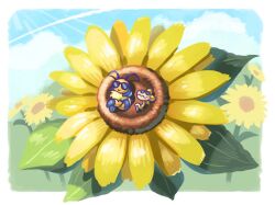  1girl abdomen_tail antennae arms_behind_head bee bee_wings black-framed_eyewear blue_sky border bug bug_fables chompy_(bug_fables) closed_mouth clouds commentary crossed_legs day flower furry insect_wings kumoketu leaf lying neck_fur on_back outdoors outside_border shadow sky smile stinger sunbathing sunflower sunglasses untranslatable_commentary vi_(bug_fables) white_border wide_shot wings yellow_flower 