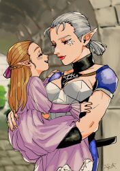  2girls absurdres age_difference blonde_hair braid breasts carrying carrying_person child closed_eyes commentary_request cowboy_shot dress grey_hair highres impa lips long_hair looking_at_another medium_breasts multiple_girls open_mouth pointy_ears princess_zelda purple_dress sheikah shrub_mtg smile the_legend_of_zelda the_legend_of_zelda:_ocarina_of_time young_zelda 