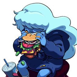  2girls afro blue_hair blue_skin brown_hair burger burger_malfunction colored_skin cup discount-supervillain disposable_cup drinking_straw eating food gem_(steven_universe) holding holding_burger holding_food hood hood_down hoodie lips long_hair long_sleeves messy_eater multiple_girls on_head outline oversized_clothes pickle red_skin ruby_(steven_universe) sapphire_(steven_universe) sitting socks steven_universe 