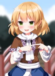  1girl arm_warmers blonde_hair blue_skirt blue_sky blurry blush bridge brown_shirt commentary_request completion_time day depth_of_field embarrassed green_eyes highres index_fingers_together medium_hair mizuhashi_parsee open_mouth outdoors pointy_ears ruu_(tksymkw) scarf shirt skirt sky smile solo sweat touhou white_arm_warmers white_scarf 