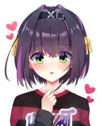  belt black_belt black_hair blush bob_cut clenched_hand clothes_writing colored_eyelashes commentary_request crossed_bangs eyes_visible_through_hair green_eyes hair_belt hair_between_eyes hair_intakes hair_ribbon hand_up heart highres hokage_tomoe limelight_lemonade_jam long_sleeves looking_at_viewer medium_hair mole mole_under_eye multicolored_hair nabari_anju open_mouth purple_streaks ribbon shirt simple_background story_in_commentary streaked_hair striped_clothes striped_shirt upper_body white_background yellow_ribbon 