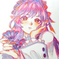  1girl ahoge black_nails blush cup frills hairband hand_on_own_cheek hand_on_own_face highres holding holding_cup itssaltea long_hair long_sleeves looking_at_viewer open_mouth pointy_ears purple_hair purple_hairband red_eyes shrug_(clothing) simple_background solo teacup upper_body vivian_banshee white_background white_shrug zenless_zone_zero 