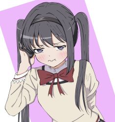 1girl :t akemi_homura alternate_hairstyle black_hair blush bow bowtie collared_shirt commentary_request frilled_sleeves frills hand_in_own_hair headband highres long_sleeves looking_to_the_side mahou_shoujo_madoka_magica mahou_shoujo_madoka_magica_(anime) mitakihara_school_uniform pink_background pout purple_eyes red_bow reno_3tomato school_uniform shirt sidelocks sweater twintails white_shirt yellow_sweater