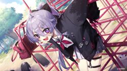  1girl :d absurdres adarin black_cardigan cardigan commentary english_commentary grey_hair highres hololive hololive_english jewel_under_eye koseki_bijou koseki_bijou_(serafuku) looking_at_viewer open_mouth outdoors pebble_(koseki_bijou) school_uniform serafuku shirt skirt smile solo violet_eyes virtual_youtuber white_shirt white_skirt 