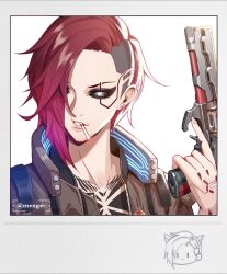  1girl absurdres artist_name asymmetrical_hair black_sclera cigarette colored_sclera commentary cyberpunk cyberpunk_(series) cyberpunk_2077 english_commentary grey_eyes gun hair_over_one_eye highres holding holding_gun holding_weapon looking_at_viewer mechanical_eyes menger portrait red_hair sidecut smoking solo undercut v_(cyberpunk) valerie_(cyberpunk) weapon 